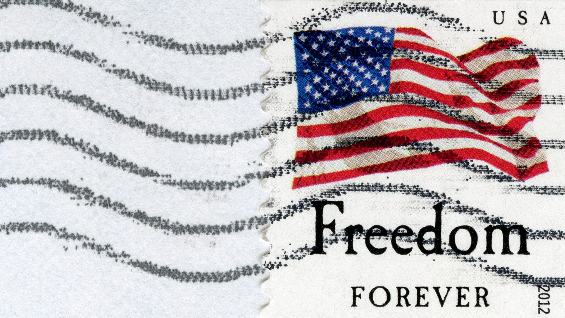 An american flag is on a postage stamp that says freedom forever