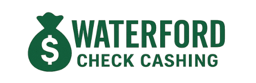A logo for waterford check cashing with a green bag of money.