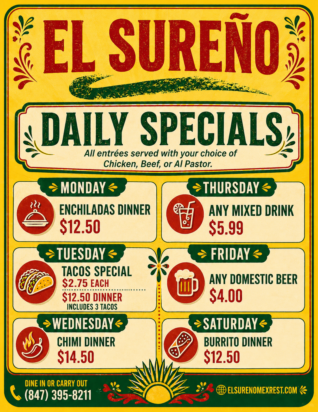 El Sureño daily specials poster