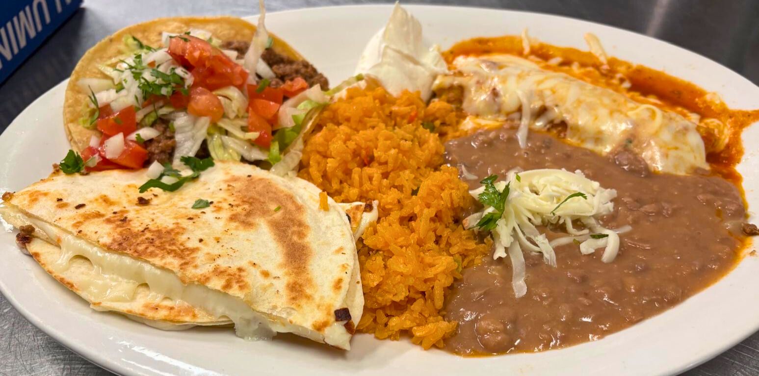 Combination plate with Mexican rice and beans