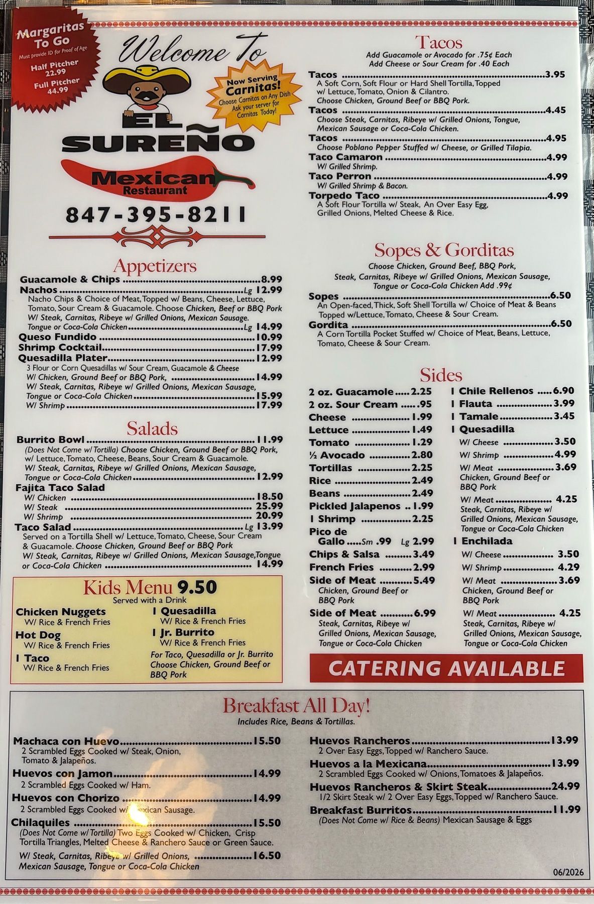 El Sureno printed menu page 1, June 2026