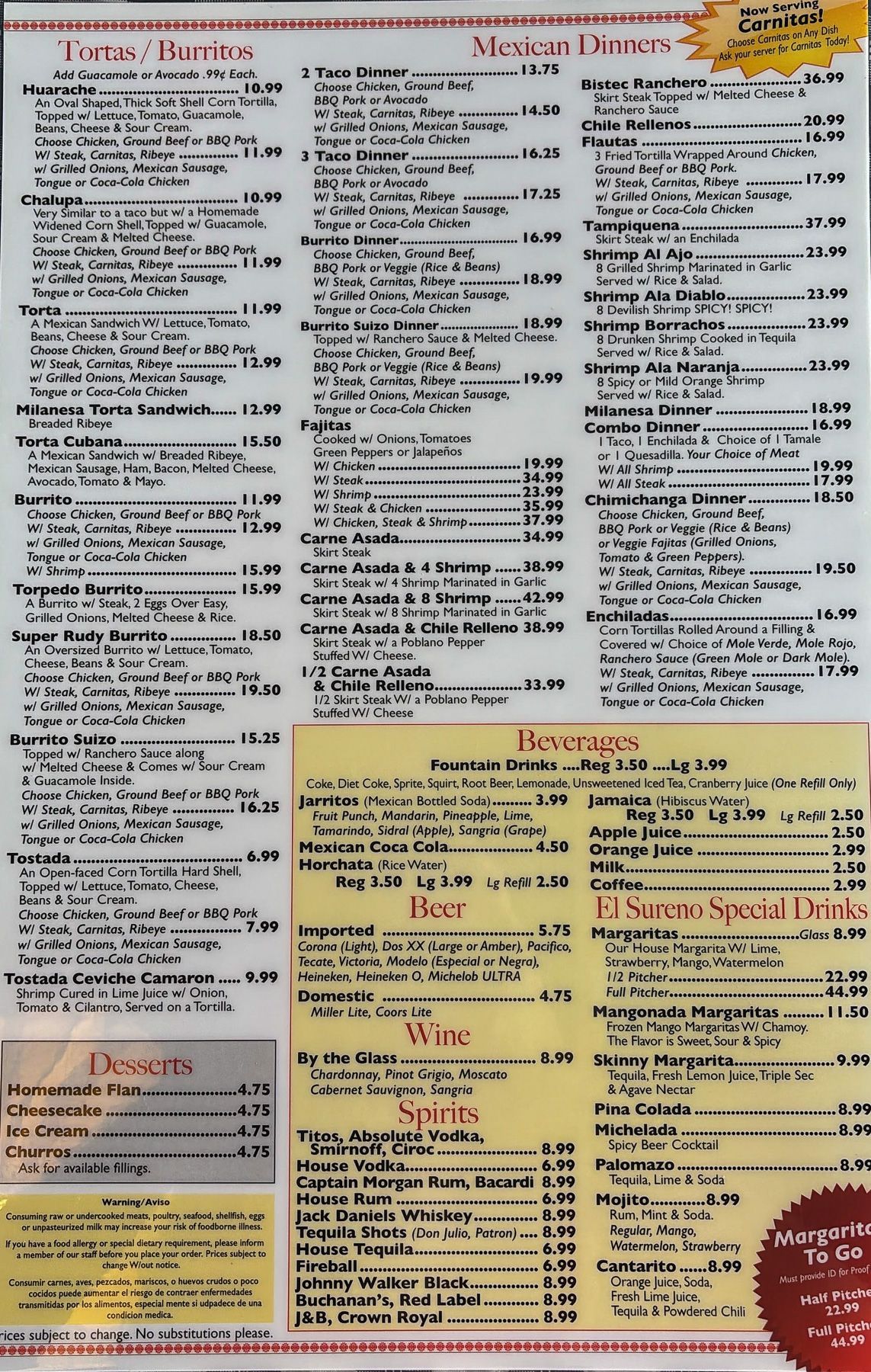 El Sureno printed menu page 2, June 2026