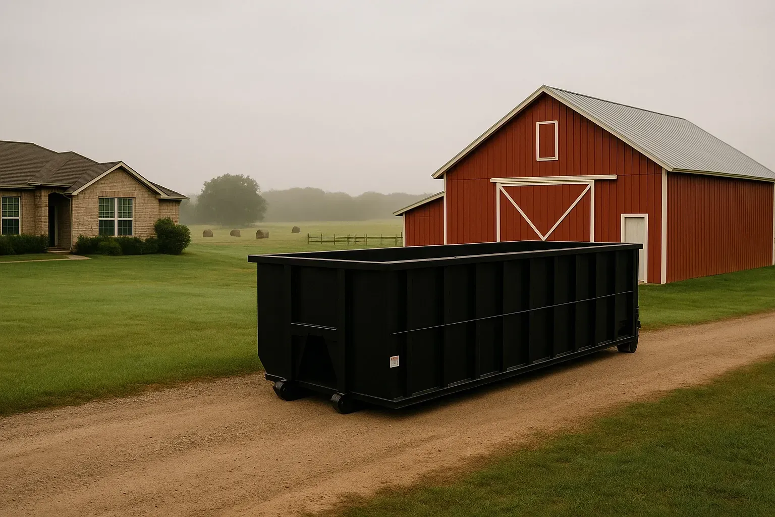 A row of dumpsters are parked in a gravel lot.