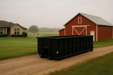 A dumpster is parked in a driveway next to a house.