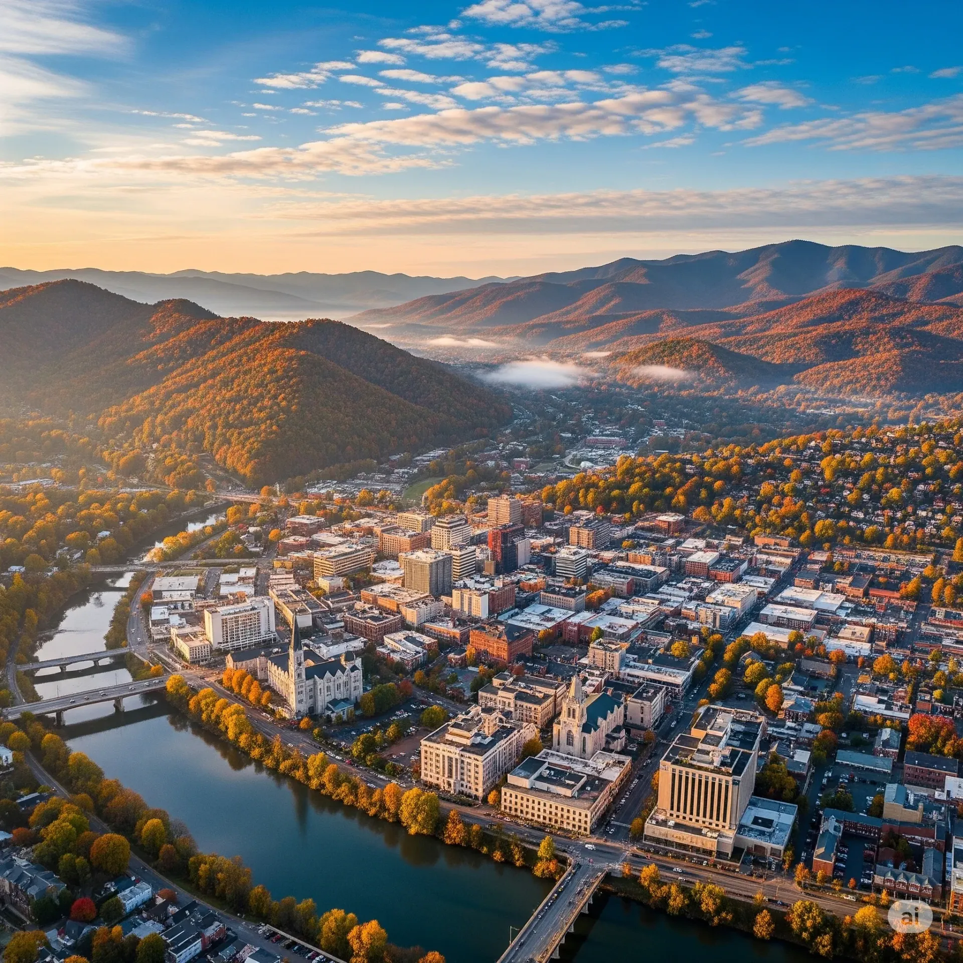 An aerial view of a city with a lake in the background.