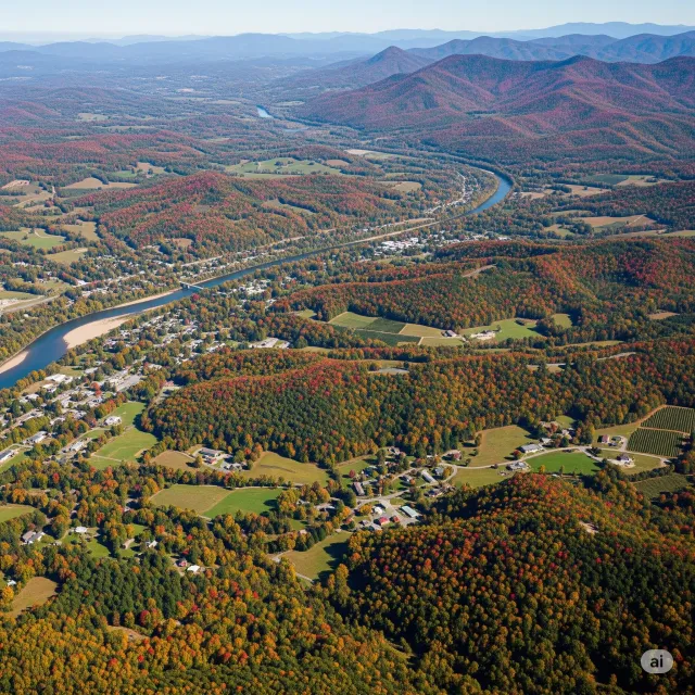 An aerial view of a residential area surrounded by trees and a lake.