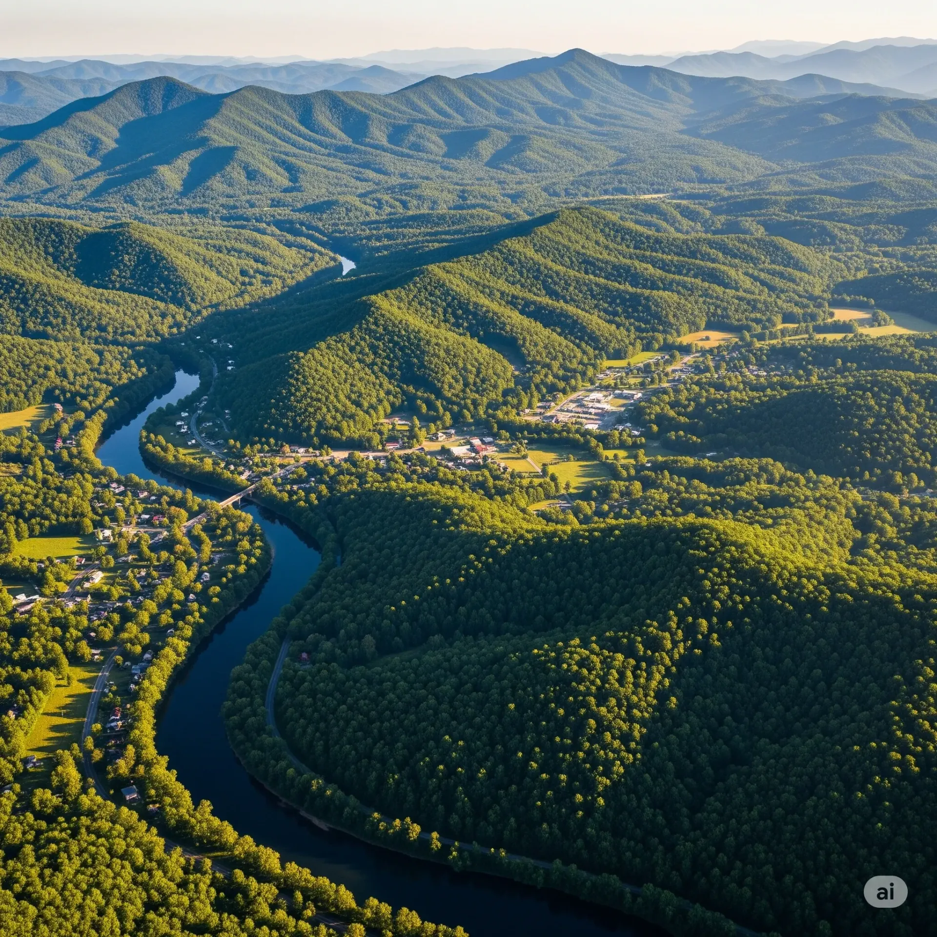 An aerial view of a residential area surrounded by trees and a lake.