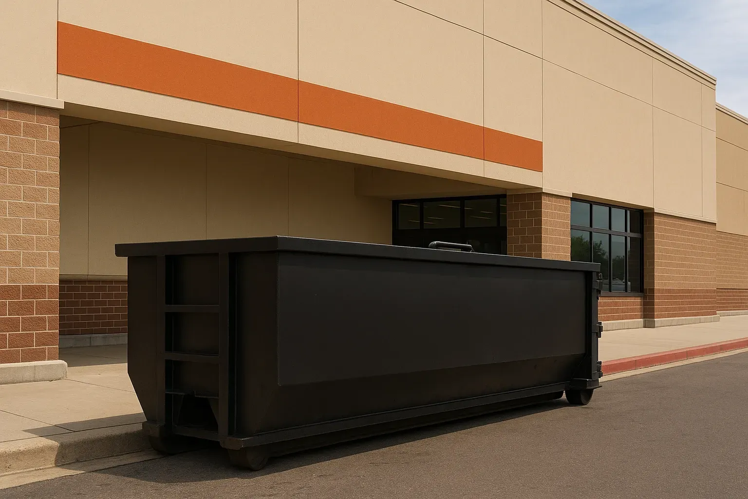 A row of dumpsters are parked in a gravel lot.