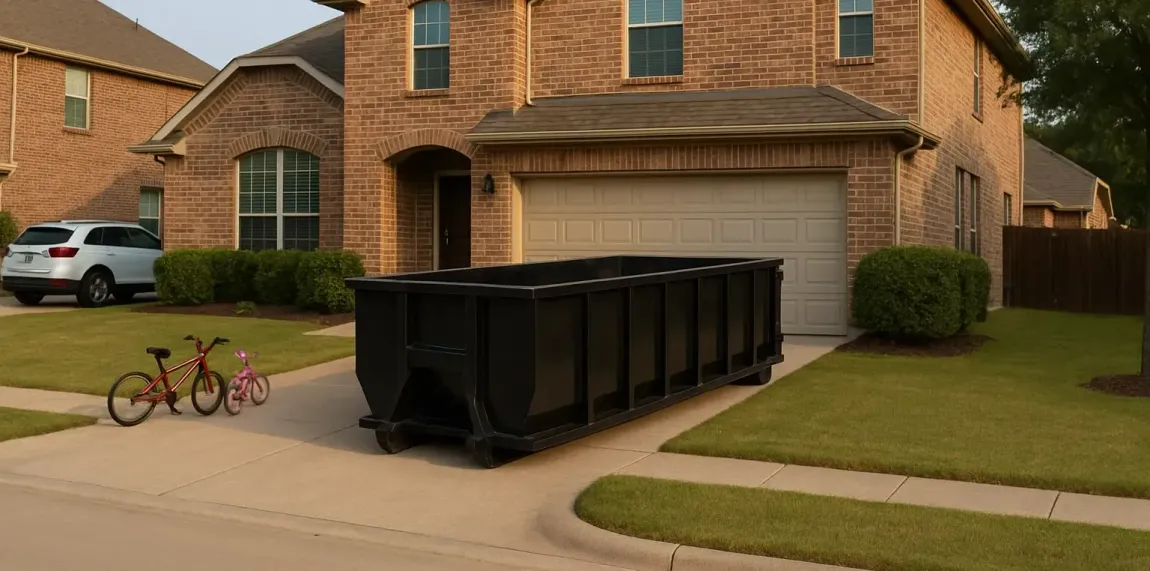 A group of people standing in front of a dumpster.