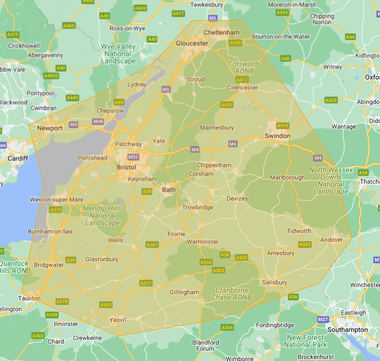 A map of the united kingdom shows a large area with a lot of roads and cities.