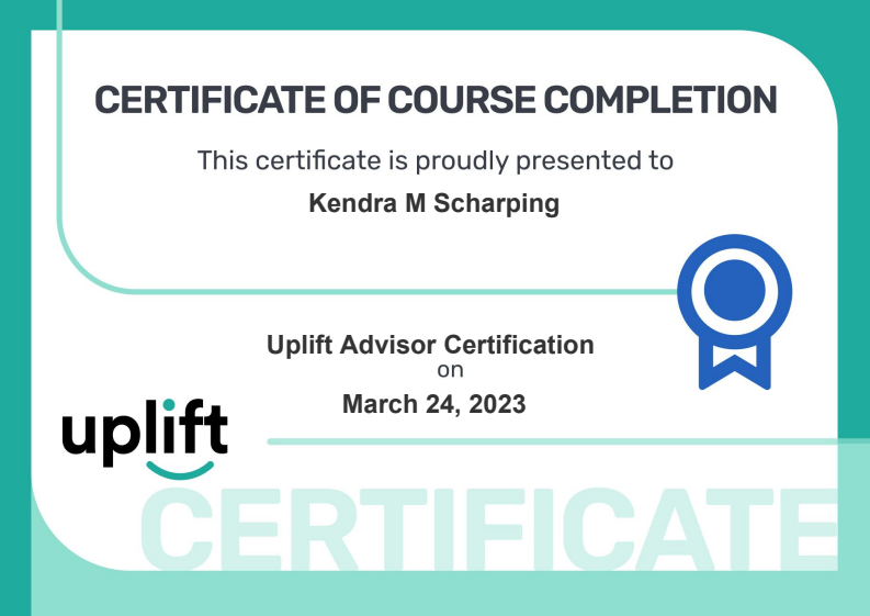 Certificate of Completion for Kendra Scharping as a Certified Travel Advisor for American Cruise Lines.