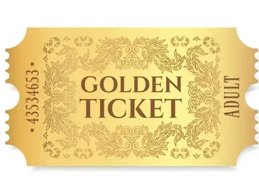 Golden ticket for adults, gold with ornate floral design.