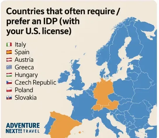 Map showing European countries that require or prefer an International Driving Permit, highlighted in orange.