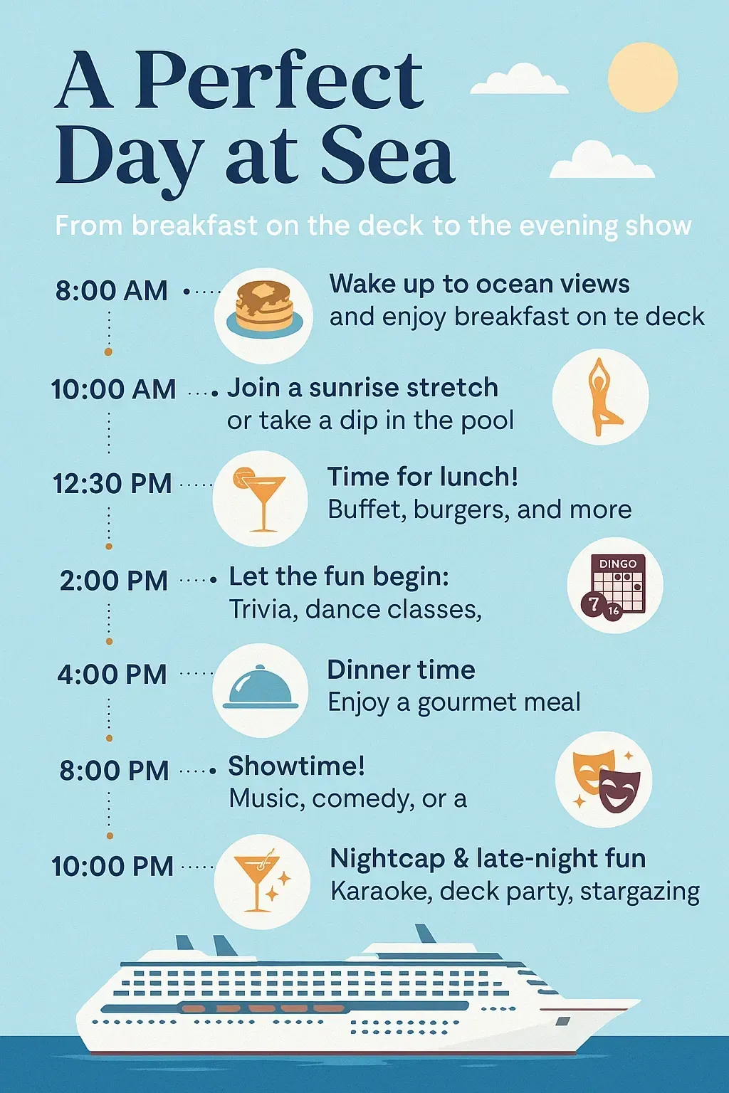A cruise itinerary: breakfast, sunrise stretch, lunch, trivia, dinner, showtime, and nightcap with a ship graphic.