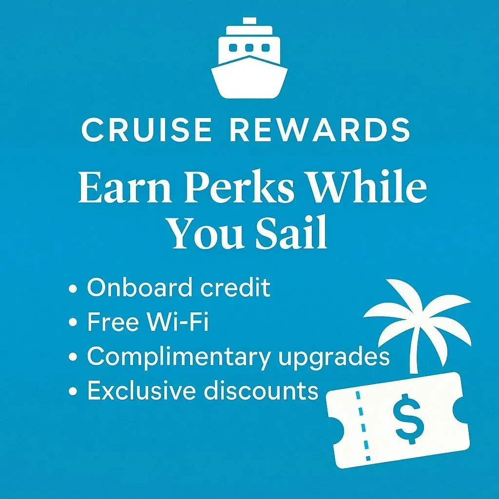 Blue graphic promoting cruise rewards with perks like onboard credit and free Wi-Fi.