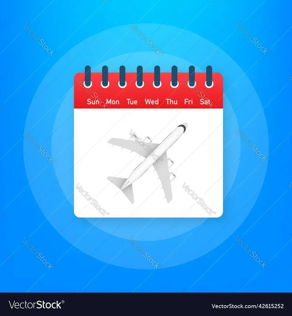 Calendar icon with a plane, suggesting travel dates. Red and white with a blue background.