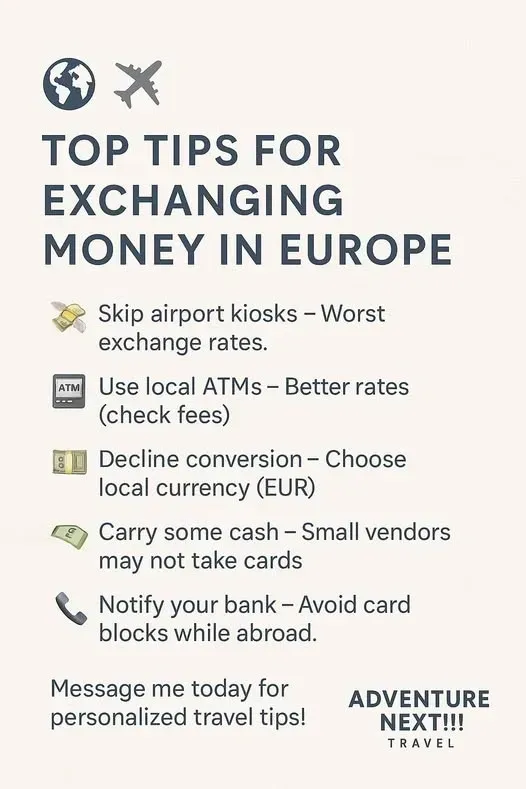 Infographic with travel tips for exchanging money in Europe, like skipping airport kiosks and using local ATMs.