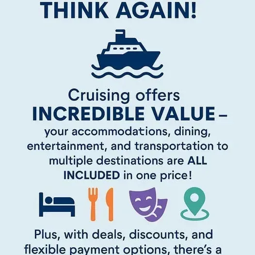 Promotional graphic: a cruise ship illustration promoting cruise vacations with included value like accommodations and entertainment.
