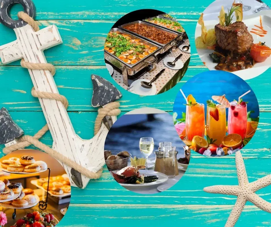 Nautical-themed food and drinks arrangement with an anchor, starfish, and colorful turquoise background.