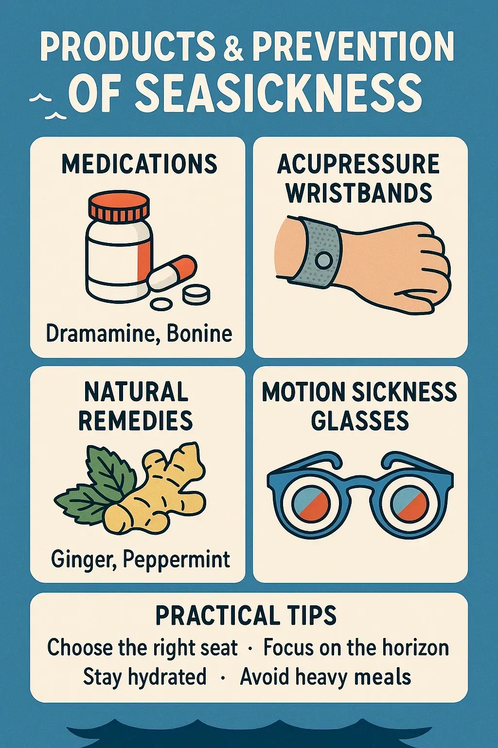 Infographic: Seasickness prevention with medications, acupressure wristbands, natural remedies, motion sickness glasses, and tips.