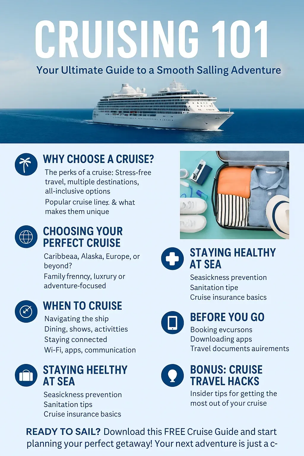 Cruising 101 guide with cruise ship image, and sections on choosing, health, timing, & travel hacks.