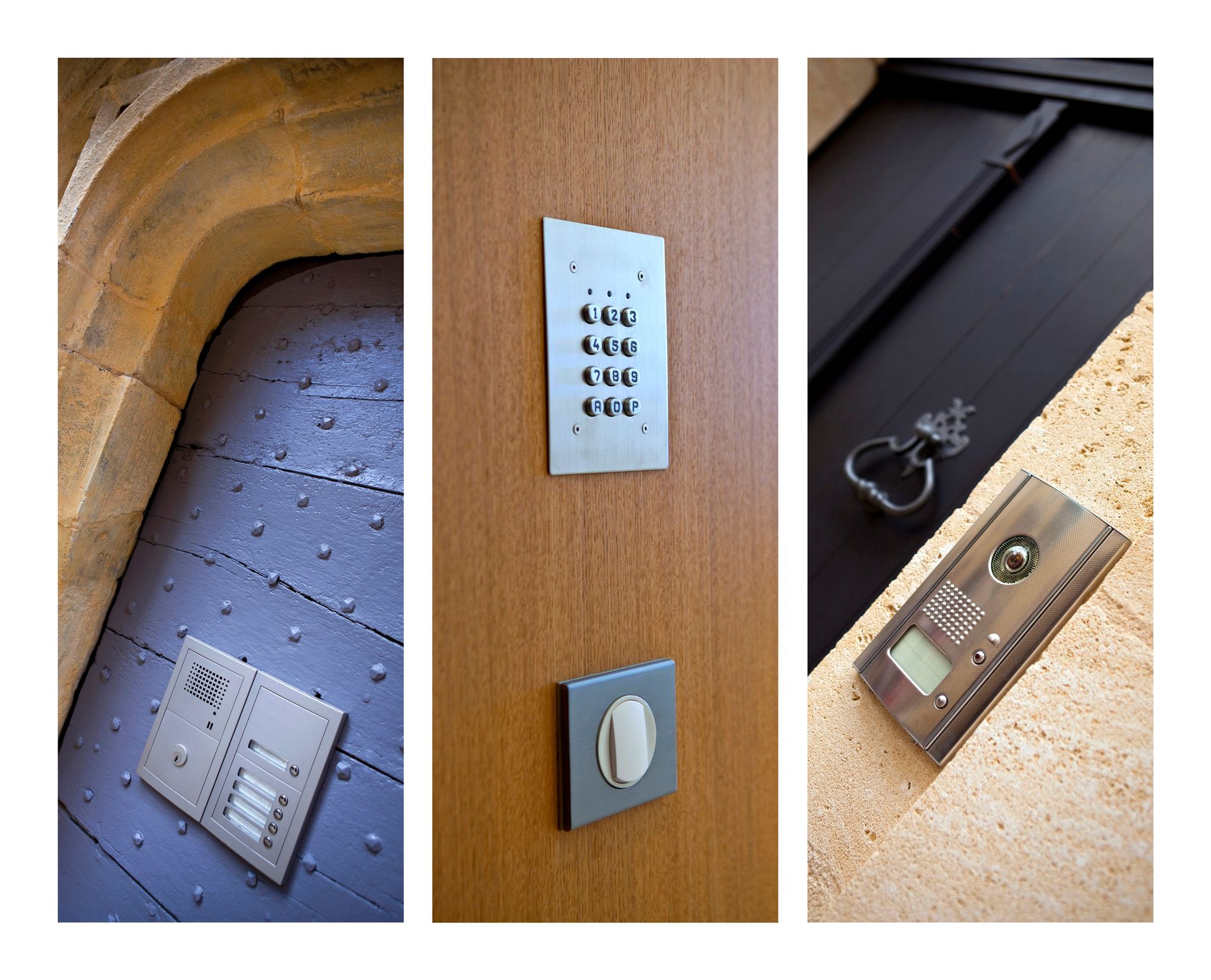 Un collage di tre sistemi di ingresso di un edificio, tra cui un citofono su una porta di legno, una tastiera numerica e un pannello di controllo digitale.