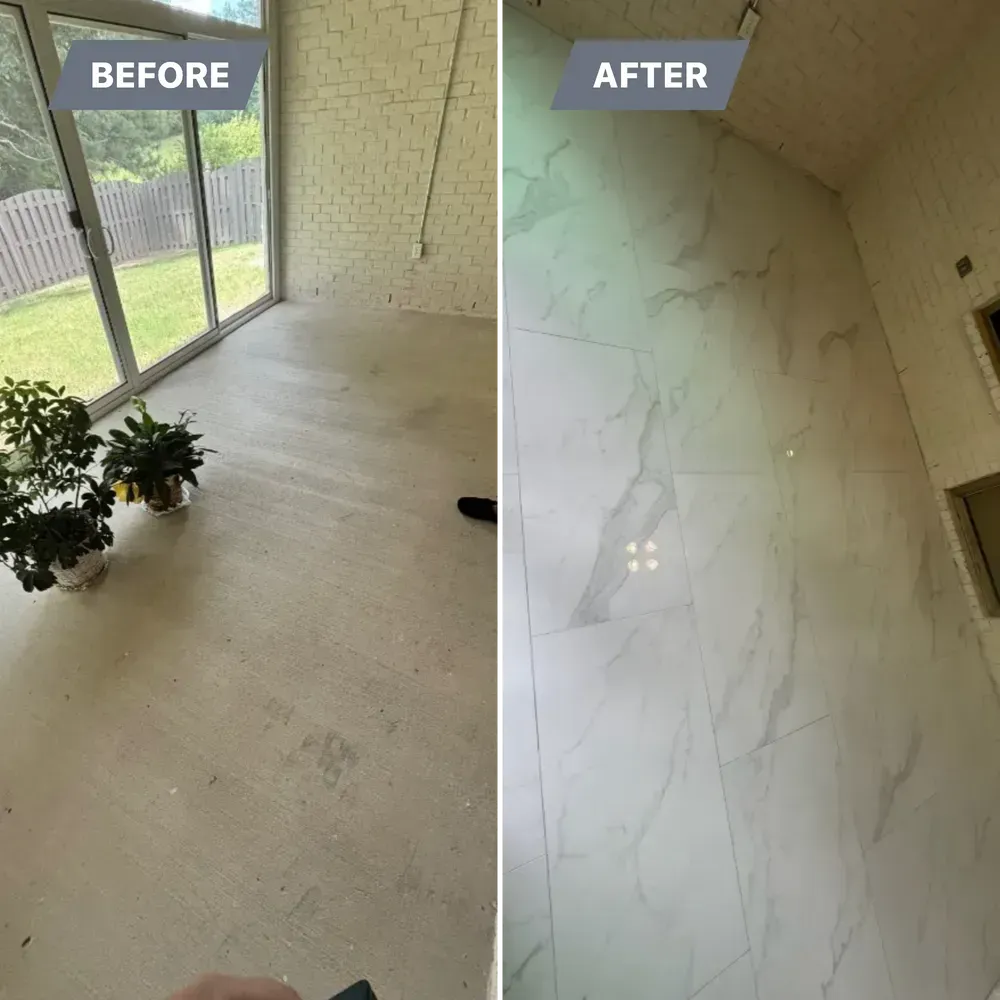 Before and after photos: sunroom with concrete floor transforms to a marble-walled space.