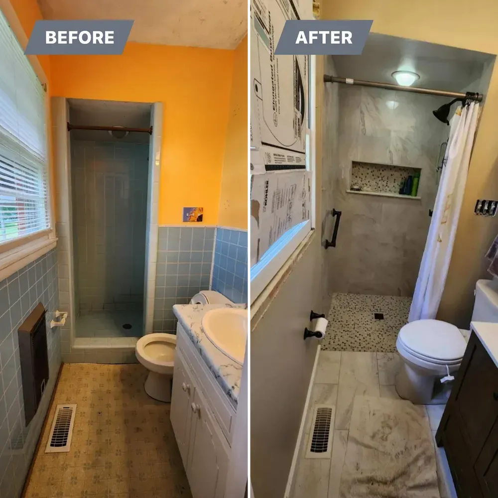 Bathroom renovation before and after. Old blue tile and orange paint replaced with modern gray tile and shower.
