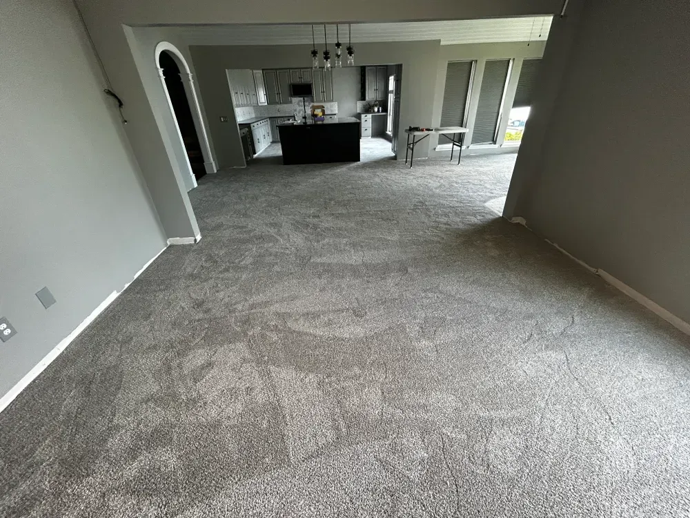 Gray carpeted interior with an arched doorway leading to a kitchen and dining area.