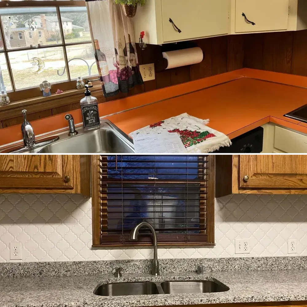 Before and after photos of a kitchen remodel: orange countertop to gray granite with a new sink and backsplash.