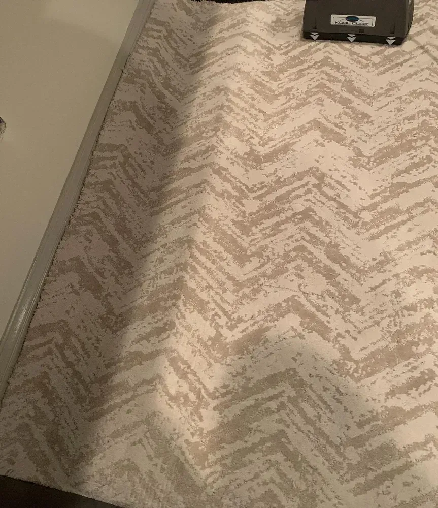 Tan and white zigzag patterned rug, vacuum cleaner at the top right.