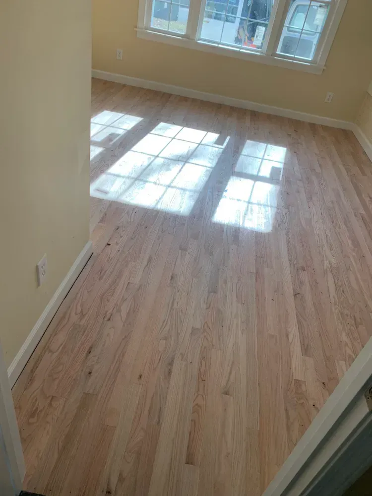 Hardwood flooring in a room with a window, reflecting sunlight. Light beige walls and white trim.