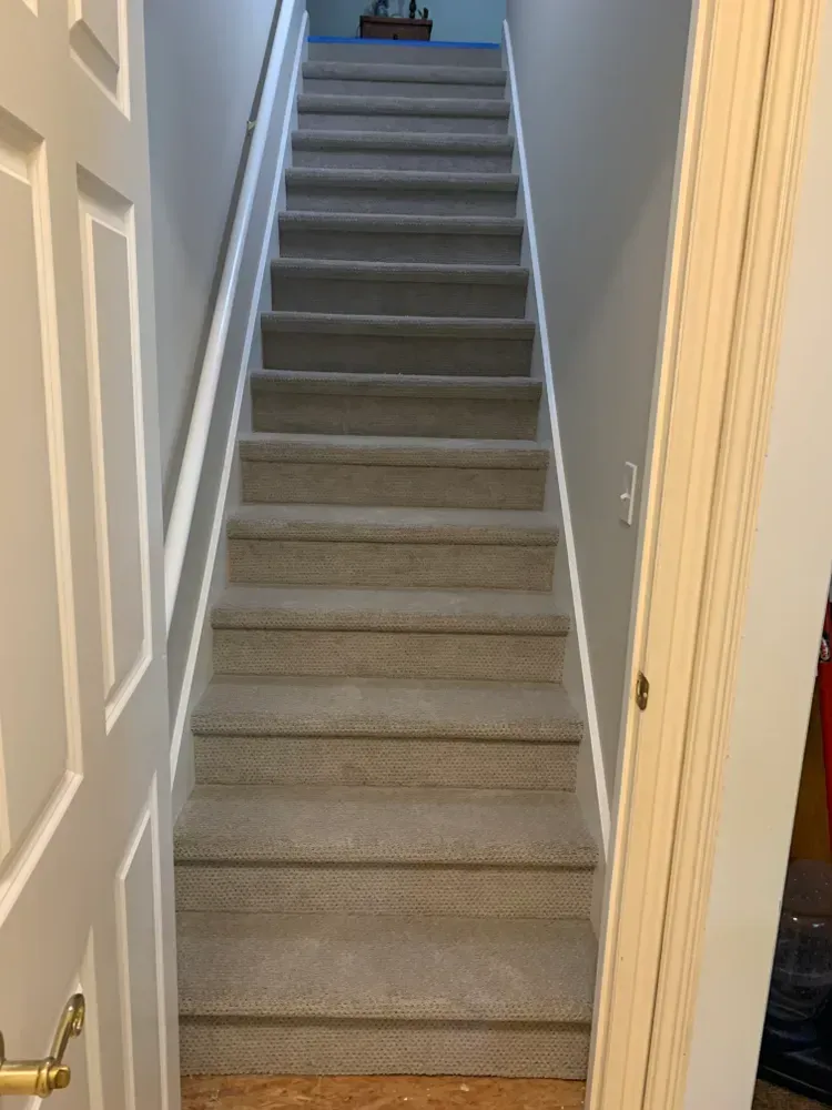 Staircase with gray carpet leading upwards. White trim on sides. Door frames visible on both sides.