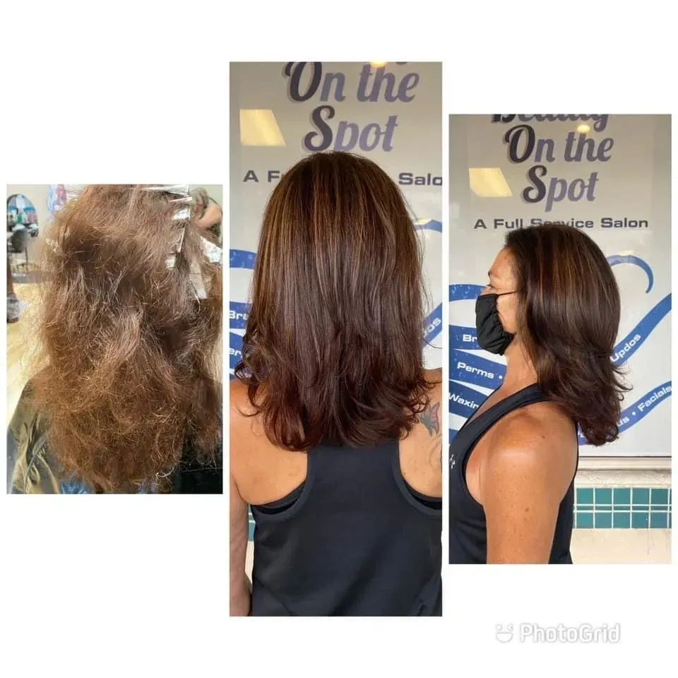 A before and after photo of a woman 's hair at on the spot salon