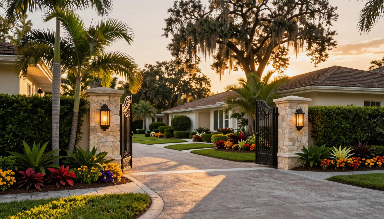 Luxurious Central Florida gated community entrance representing local authority marketing reach.