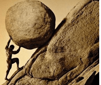 Sisyphus rolling a huge boulder up a hill