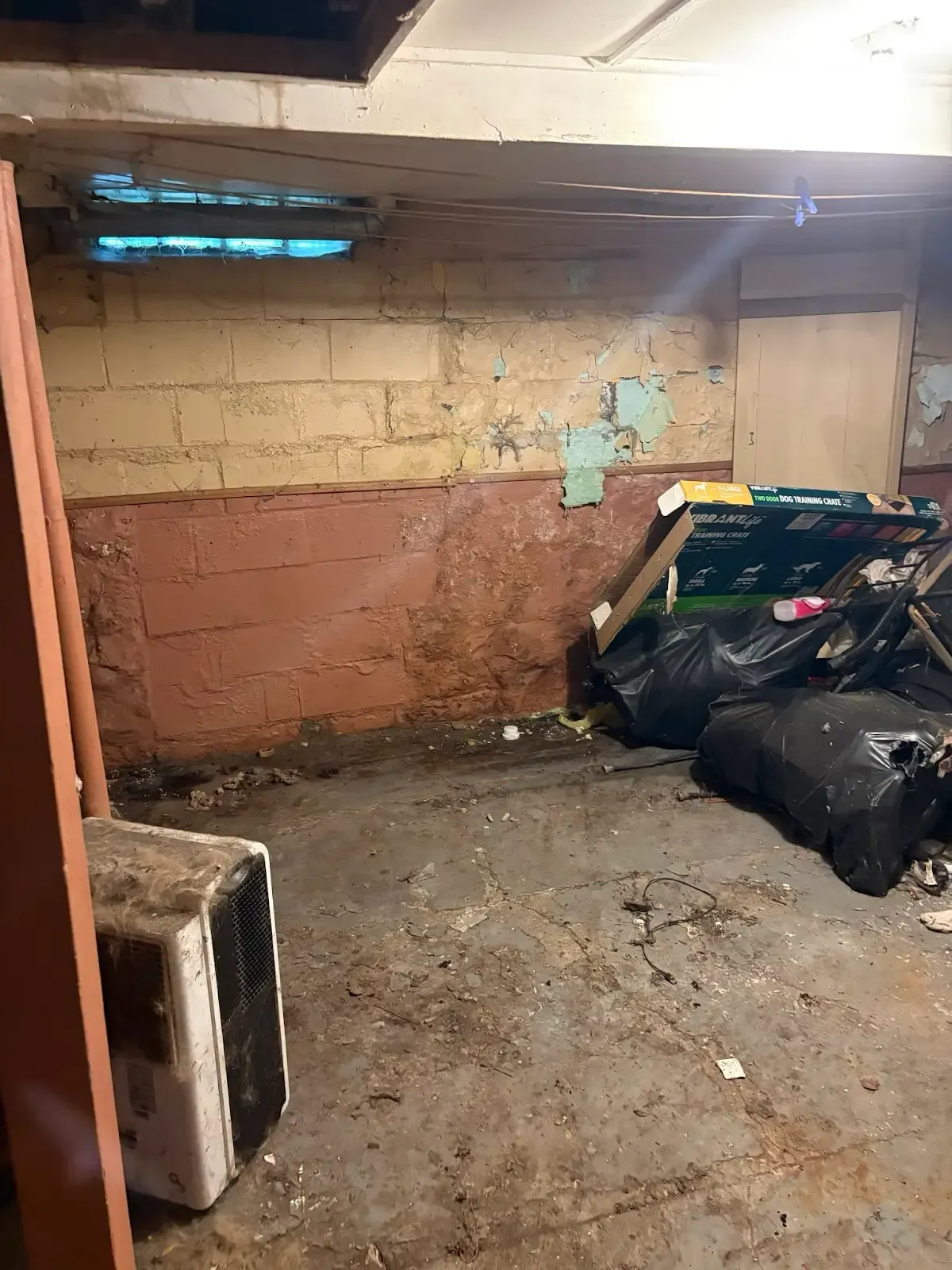A room with a lot of trash in it.