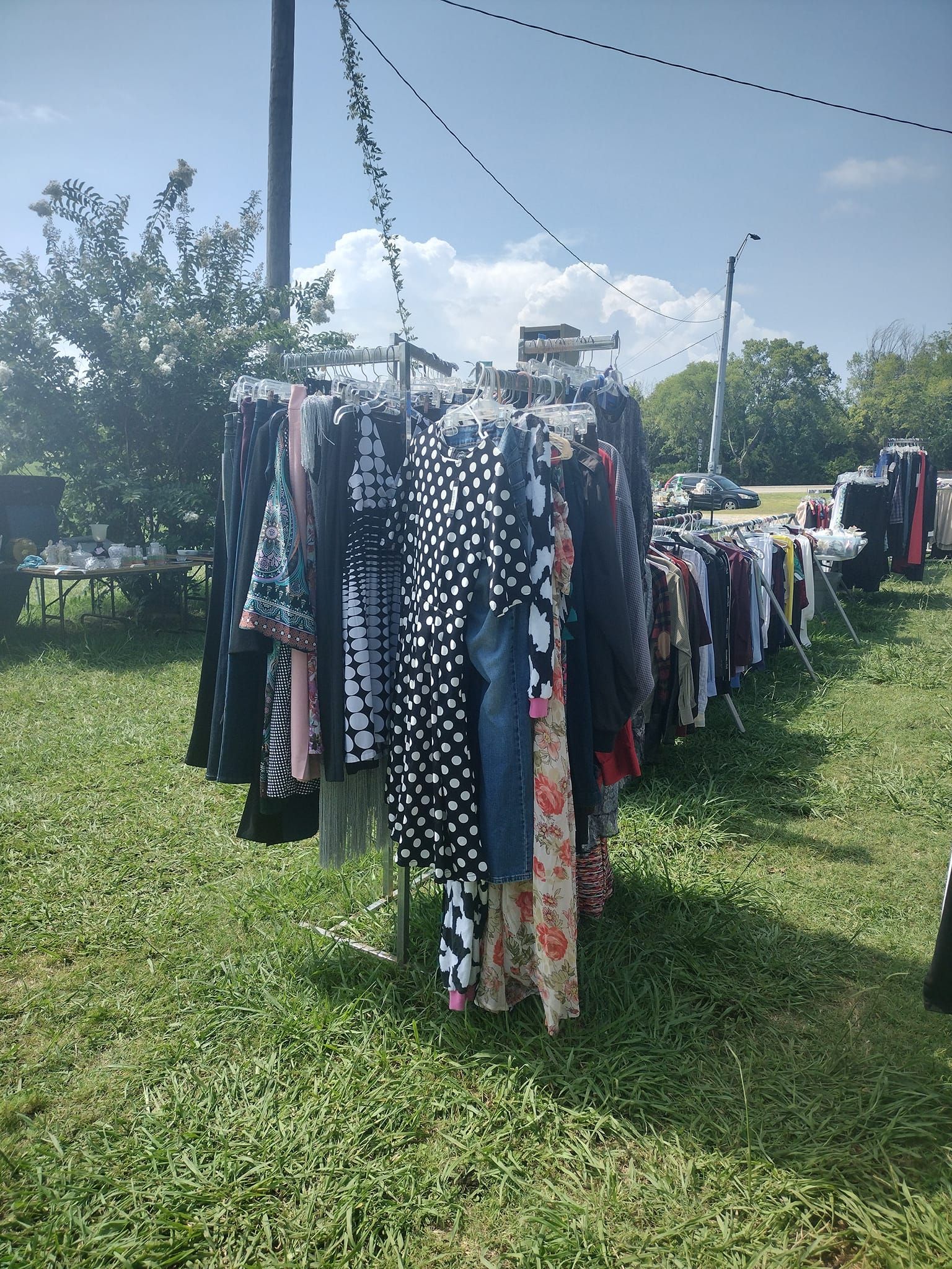 Clothes racks with garments on grass, a sunny day, outdoor shopping.