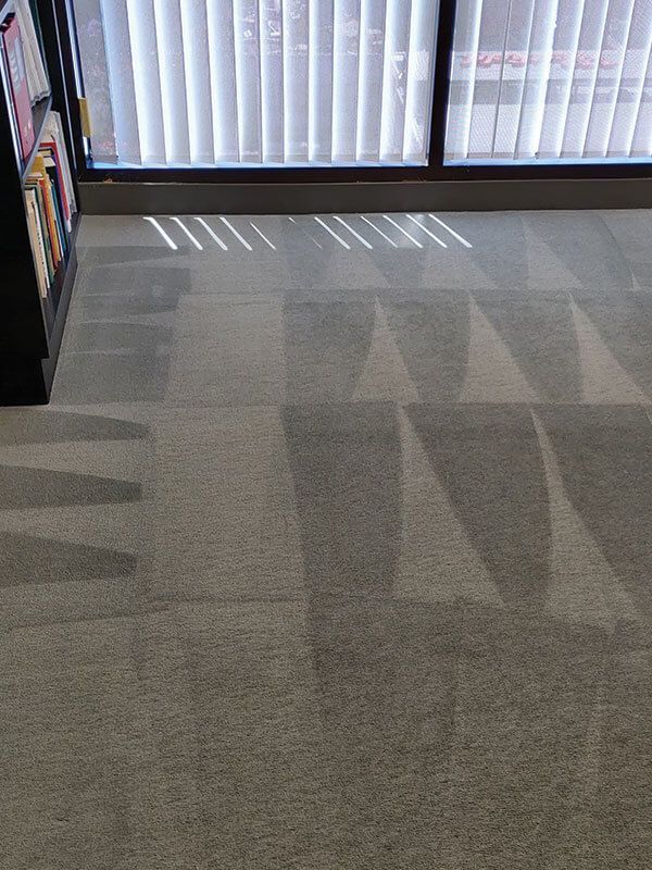 A carpeted floor in a room with a window and a bookshelf.