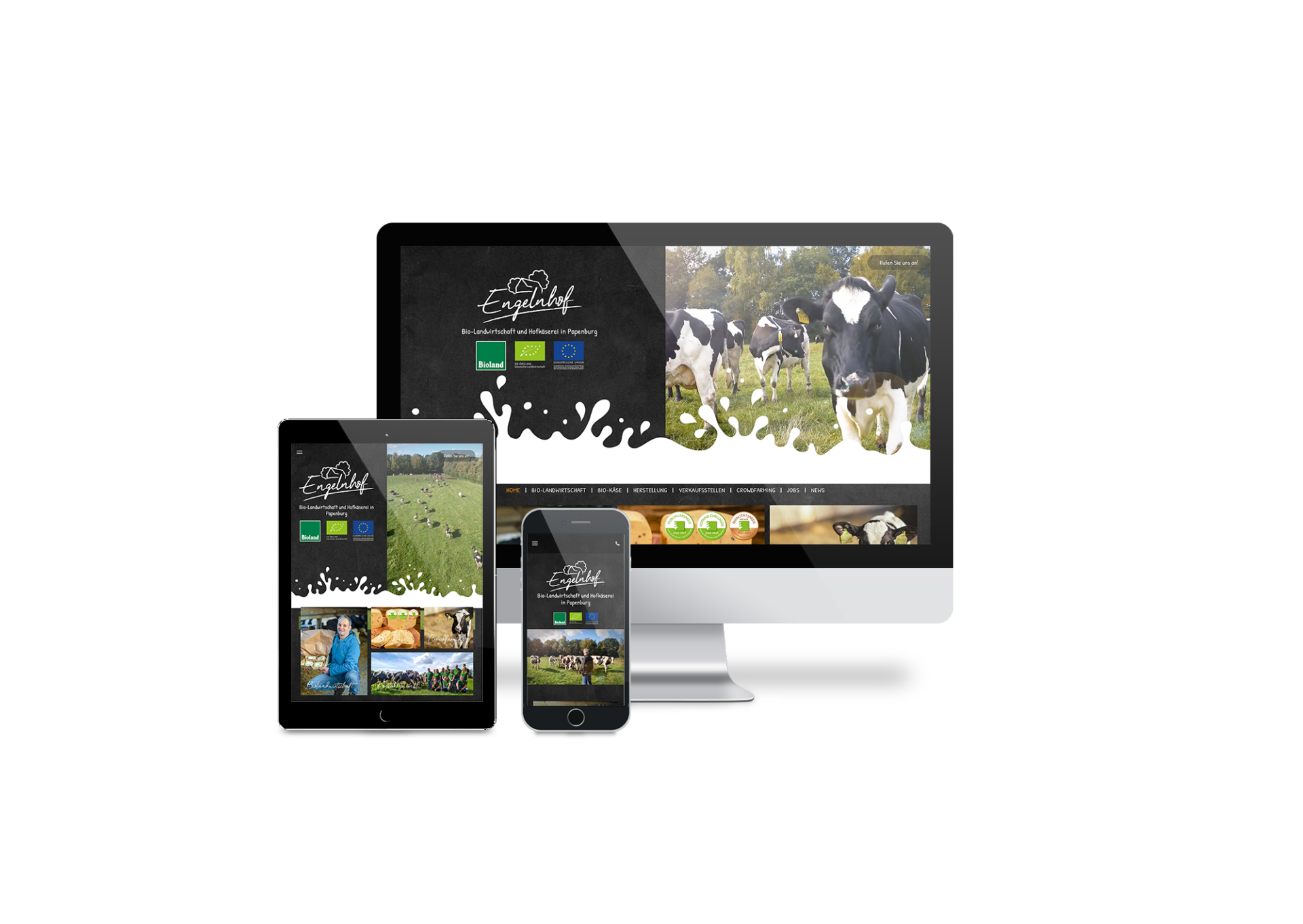 Auf einem weißen Hintergrund sind ein Computermonitor, ein Tablet und ein Mobiltelefon zu sehen.