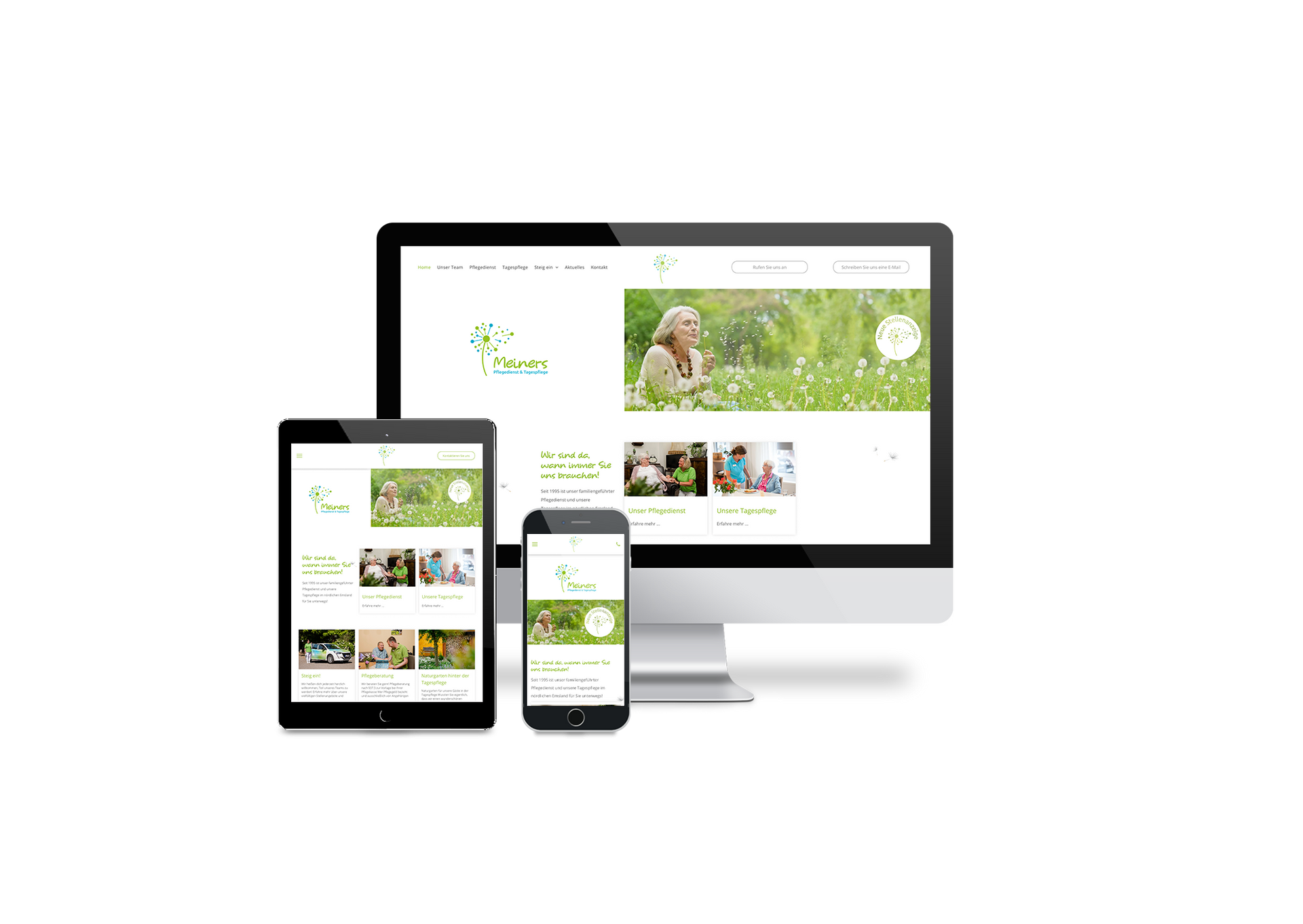 Ein Computer, ein Tablet und ein Mobiltelefon, auf dem eine Website angezeigt wird.