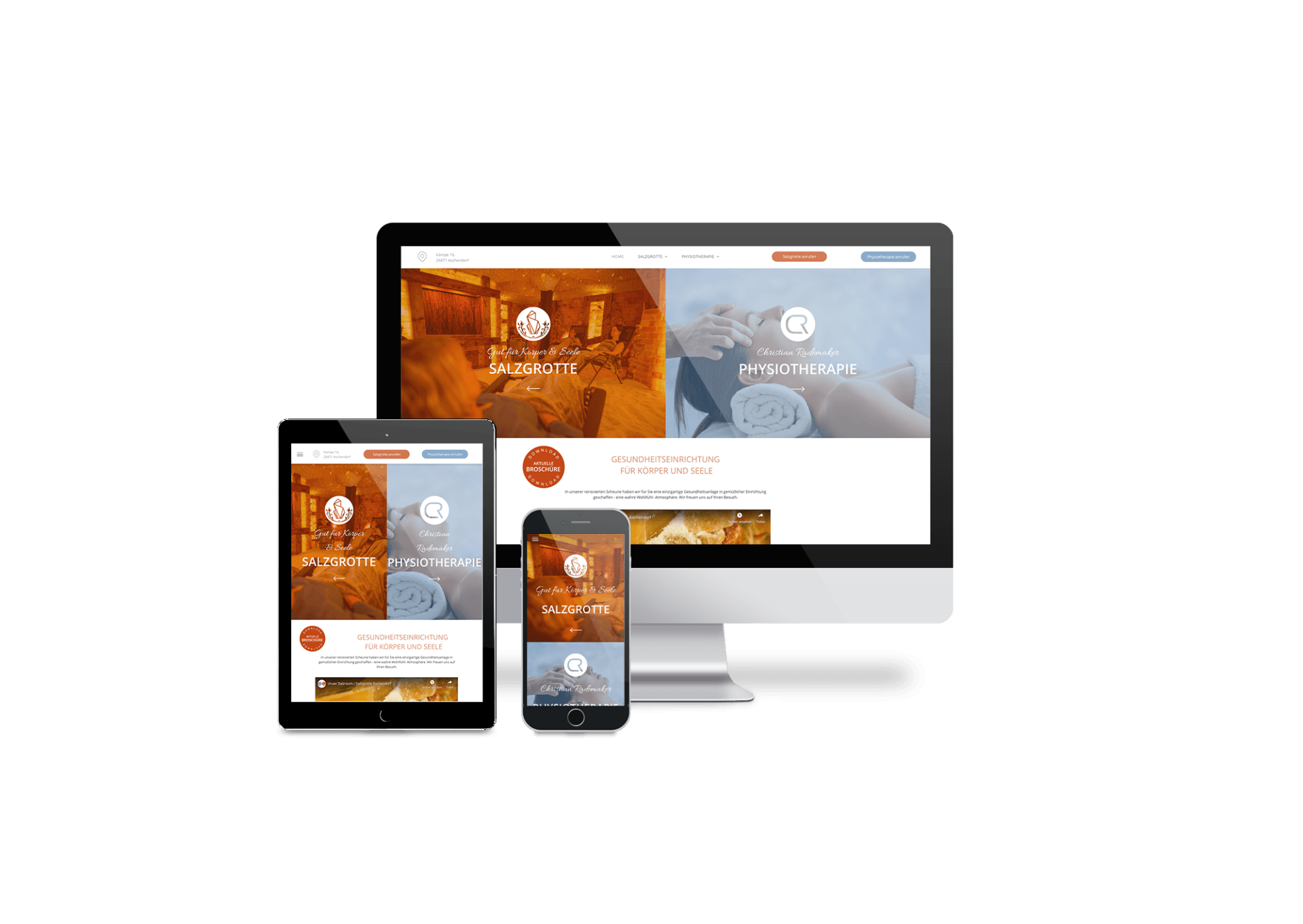 Ein Computer, ein Tablet und ein Mobiltelefon, auf dem eine Website angezeigt wird.