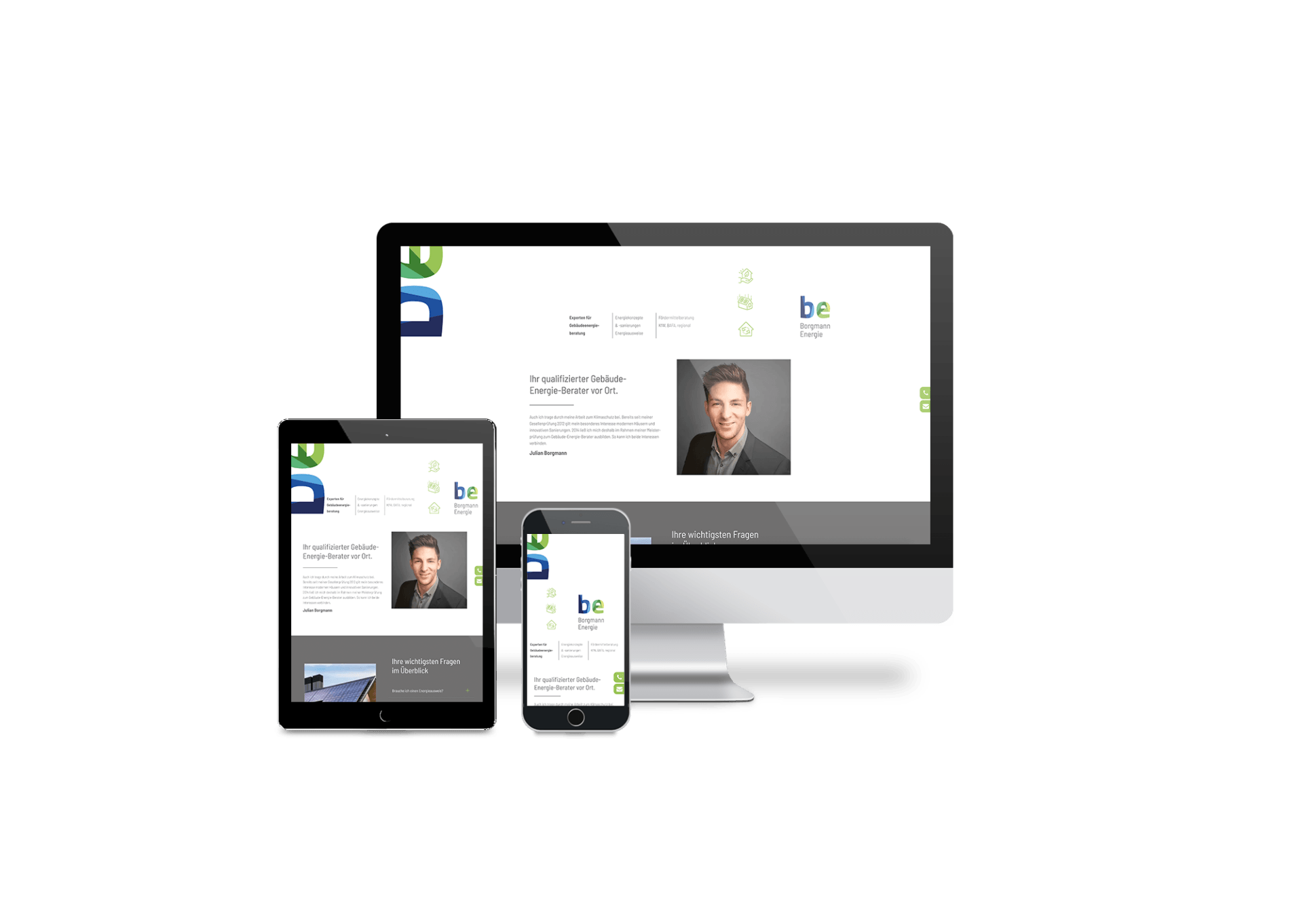 Auf einem Computermonitor, einem Tablet und einem Mobiltelefon wird eine Website angezeigt.