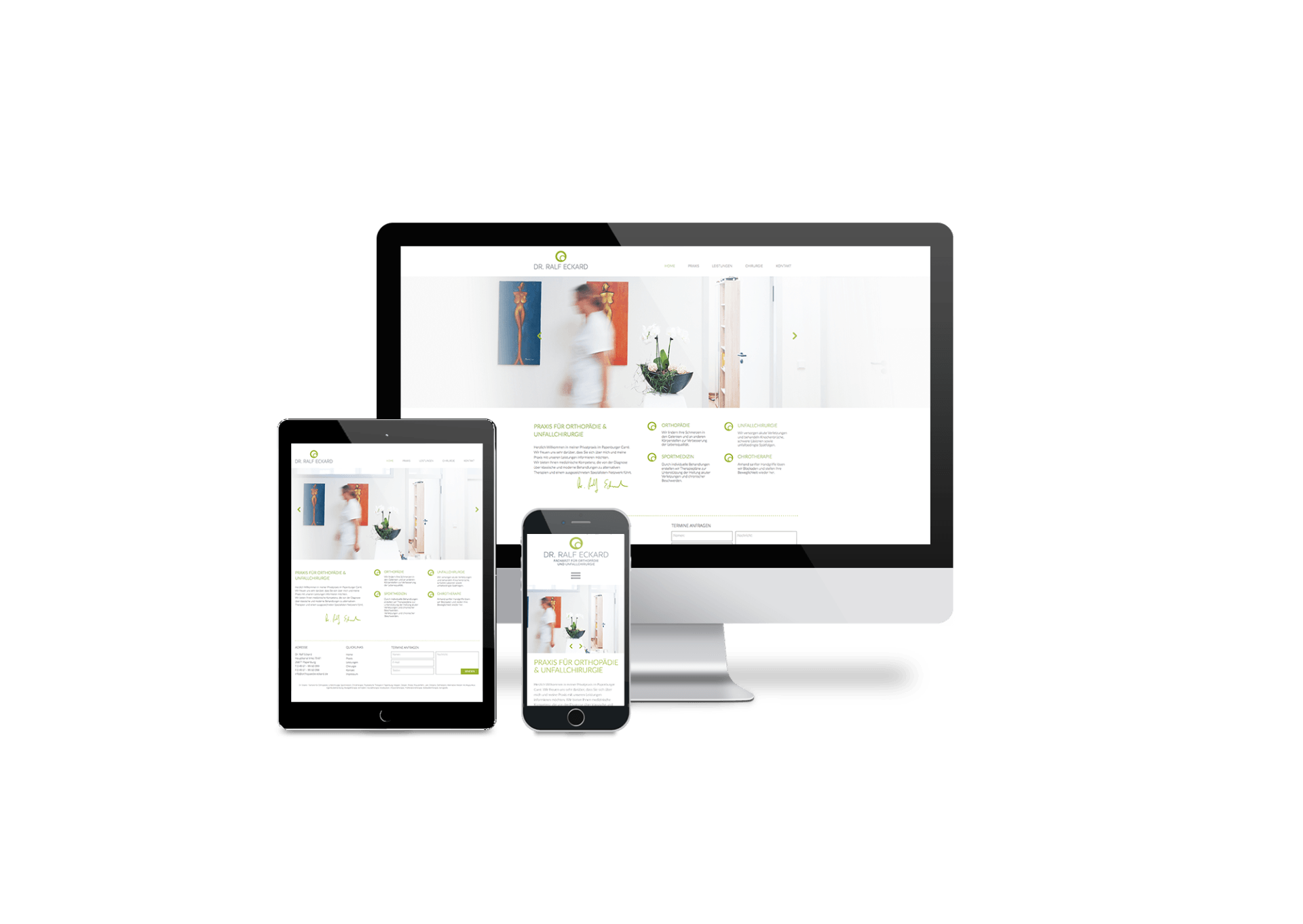 Ein Computer, ein Tablet und ein Mobiltelefon auf einem weißen Hintergrund.