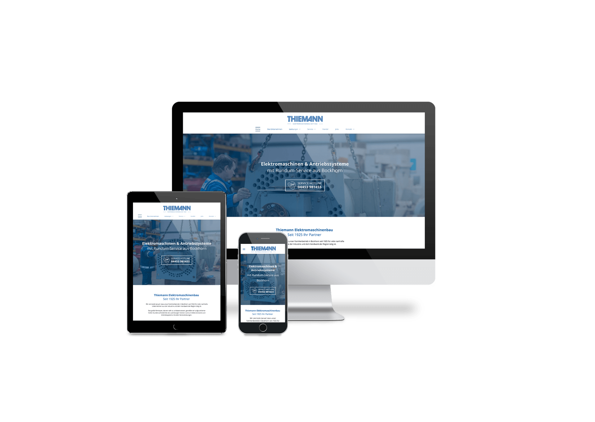 Ein Computer, ein Tablet und ein Mobiltelefon, auf dem eine Website angezeigt wird.
