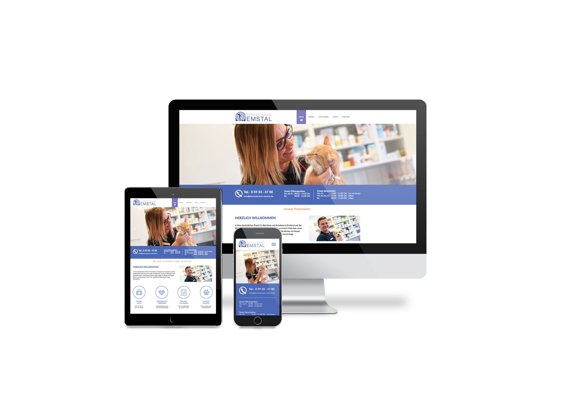 Ein Computer, ein Tablet und ein Mobiltelefon, auf denen die Website einer Tierklinik angezeigt wird.