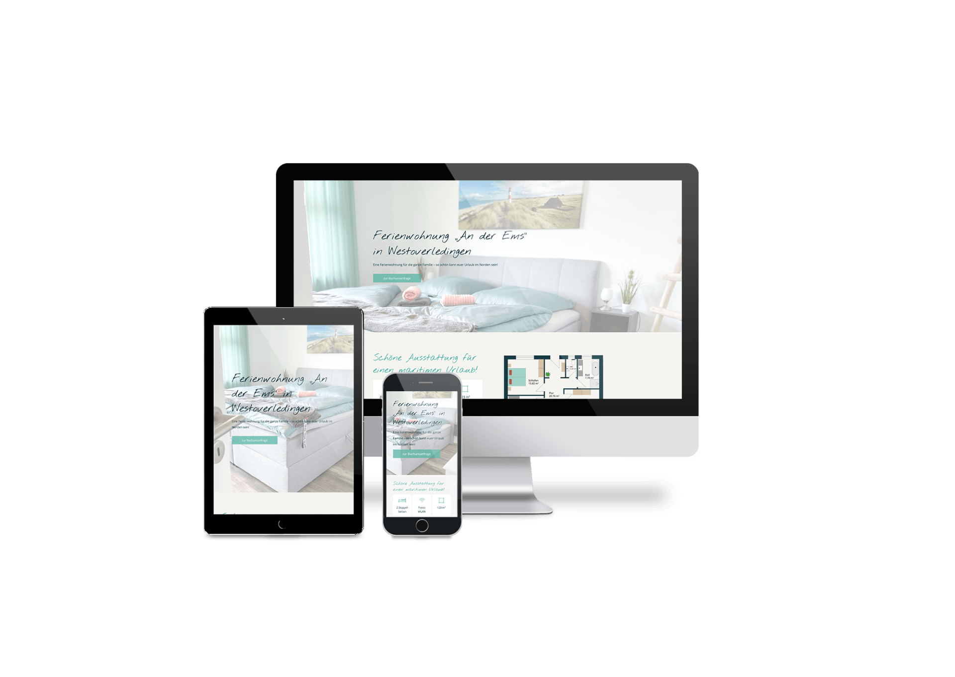 Ein Computer, ein Tablet und ein Mobiltelefon auf einem weißen Hintergrund.