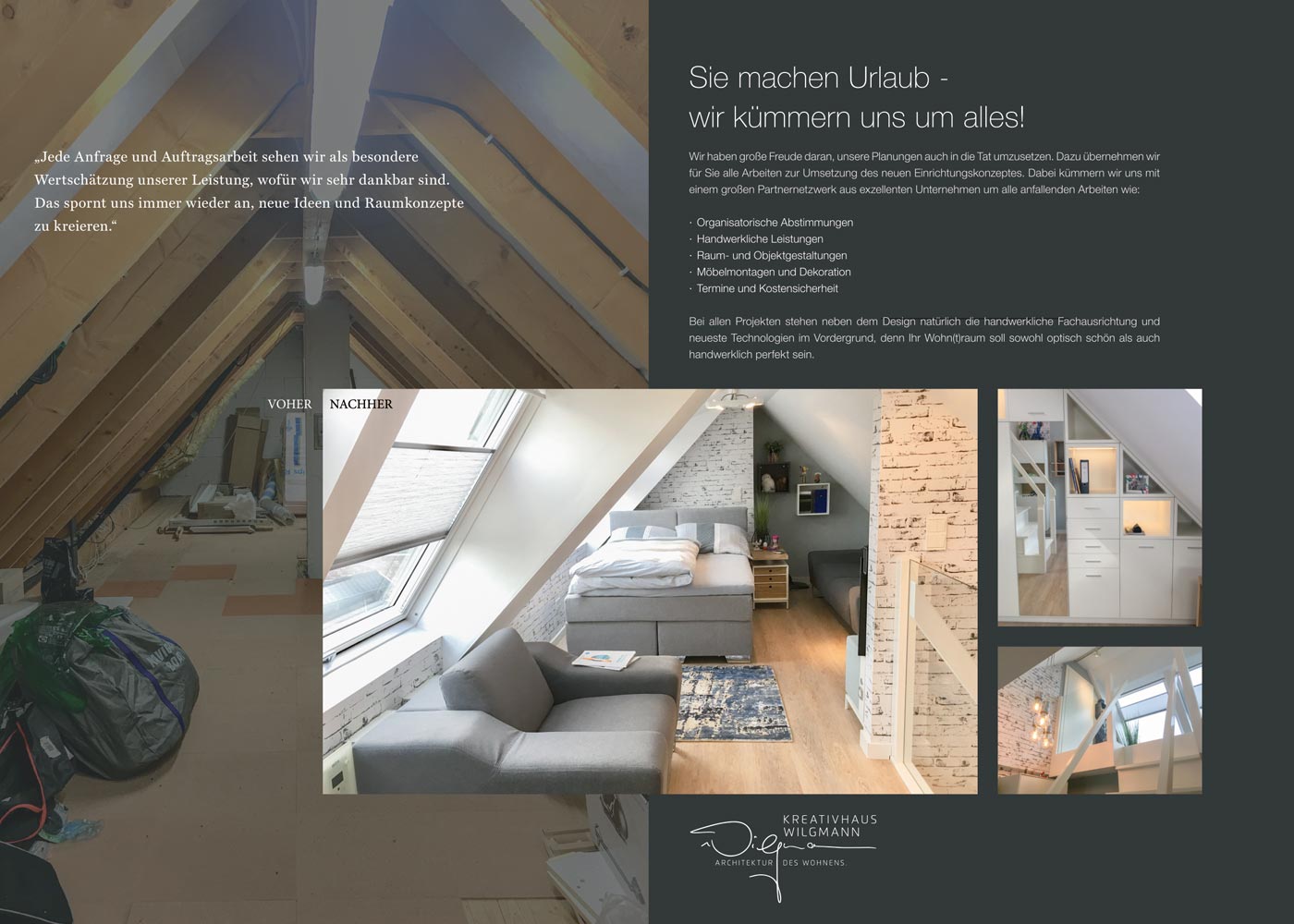 Eine Collage aus Bildern eines Wohnzimmers und eines Schlafzimmers auf einem Dachboden.