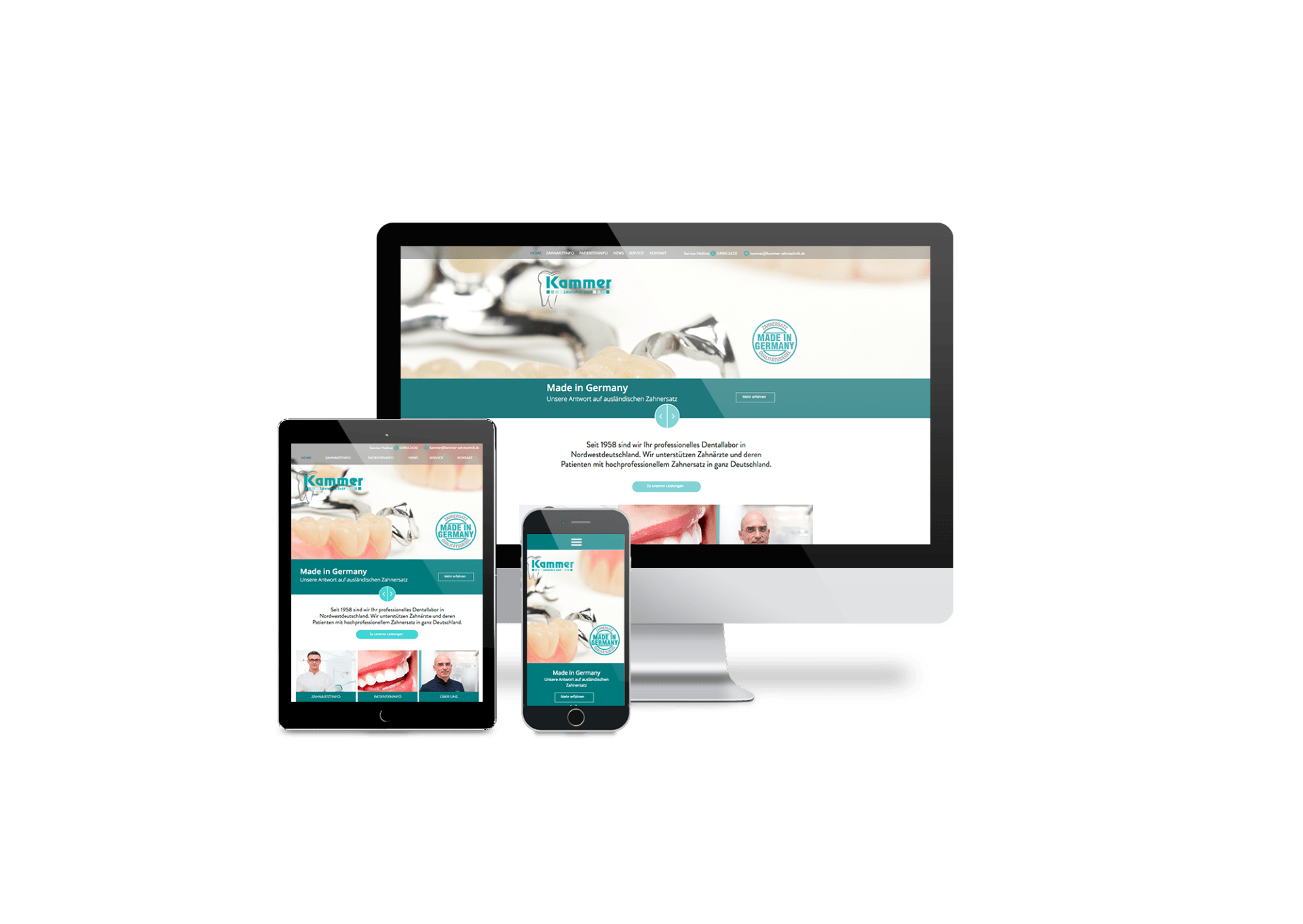 Ein Computer, ein Tablet und ein Mobiltelefon auf einem weißen Hintergrund.