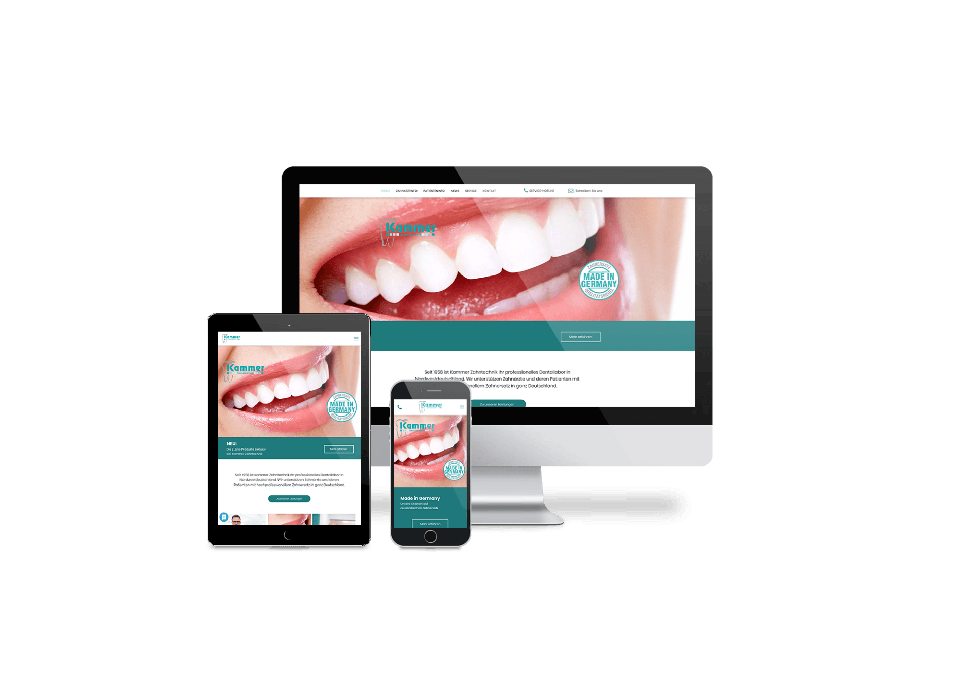 Ein Computer, ein Tablet und ein Mobiltelefon, auf denen eine Zahnarzt-Website angezeigt wird.